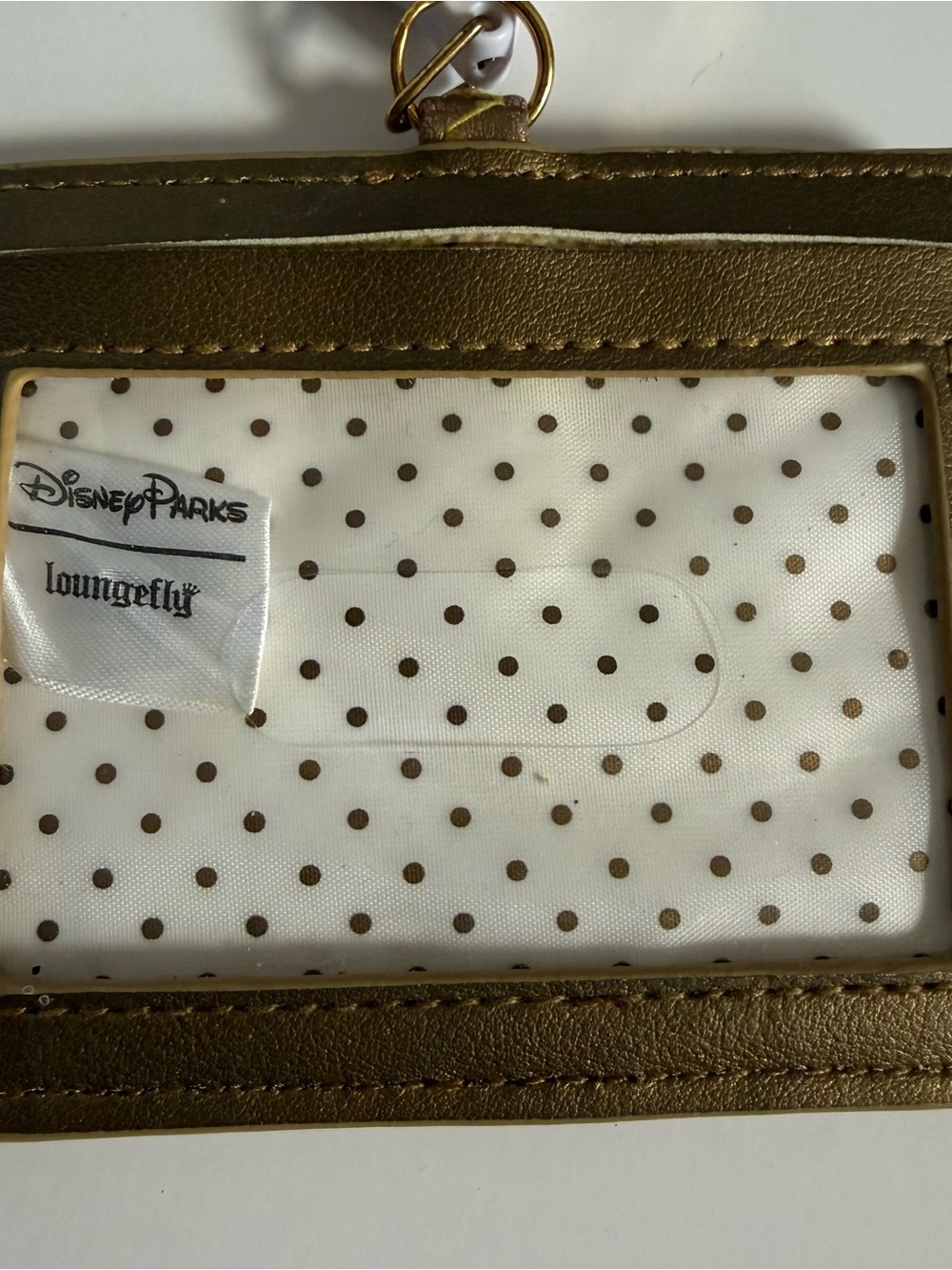 Loungefly (Disney) Gold Metallic Cardholder White Polka Dot Interior with strap - Picture 3 of 9